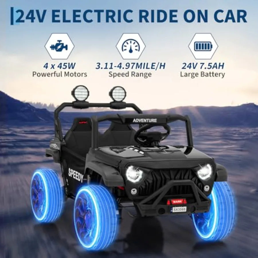2 Seater Ride on Car For:24V Electric Truck with 4WD, 4.97MPH Speed, Remote Control, Spring Suspension, LED Lights, Dual Storag