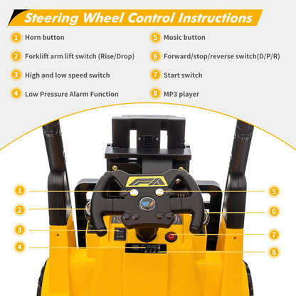12V Kids Ride on Forklift Car with Tent, Electric Ride on Construction Car with Remote Control, Liftable Fork and Pallet, 2 Speeds, Music, USB, MP3 and Low-Power Alarm