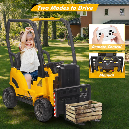 12V Kids Ride on Forklift Car with Tent, Electric Ride on Construction Car with Remote Control, Liftable Fork and Pallet, 2 Speeds, Music, USB, MP3 and Low-Power Alarm