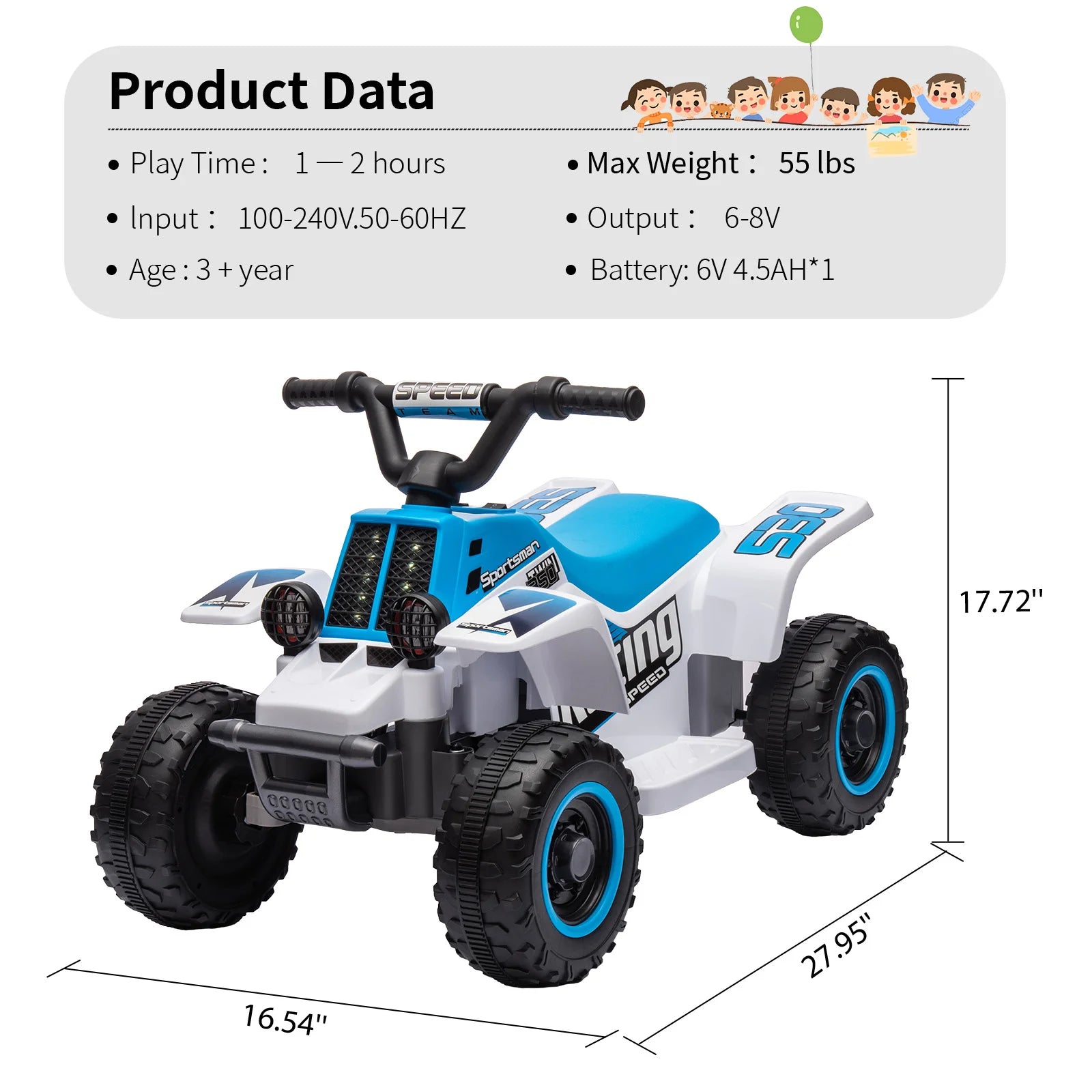 6V Kids Ride-On ATV, Rechargeable Battery-Powered Toy Car with Forward/Reverse, 1.5 MPH, 55 Lbs Weight Capacity, for Ages 3 +