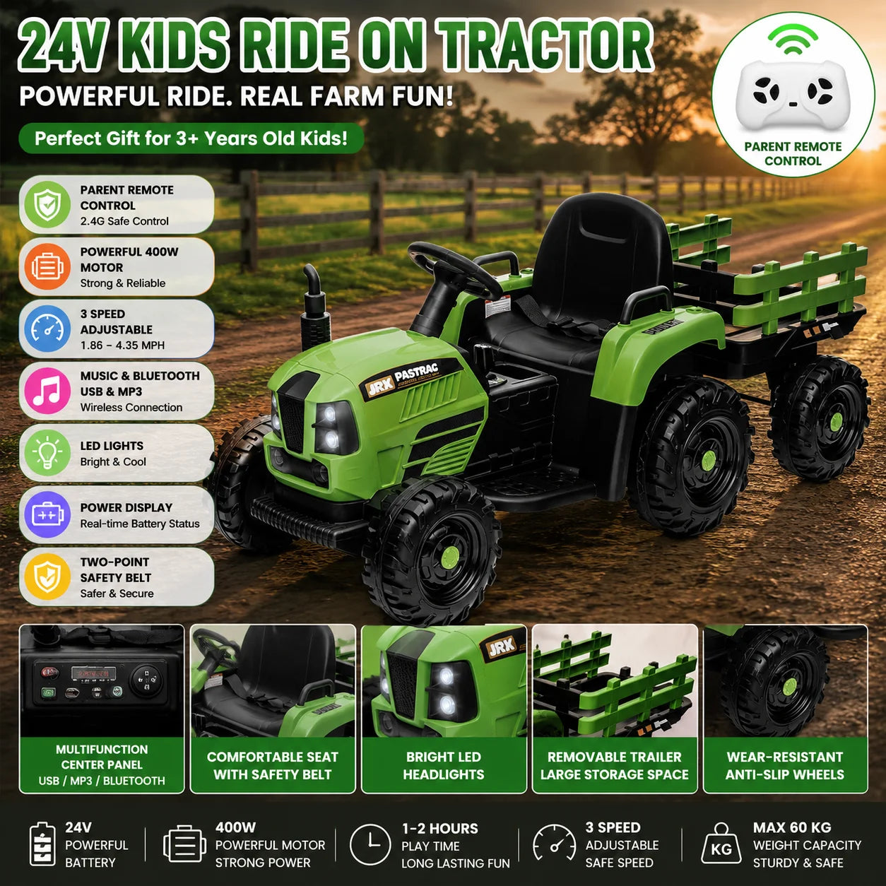 Ride on Tractor with Trailer,24V 400W Powered Electric Tractor Toy W/Remote Control,Electric Car for Kids,Three Speed Adjustable,Power Display, USB,MP3 ,Bluetooth,Led Light,Two-Point Safety Belt.