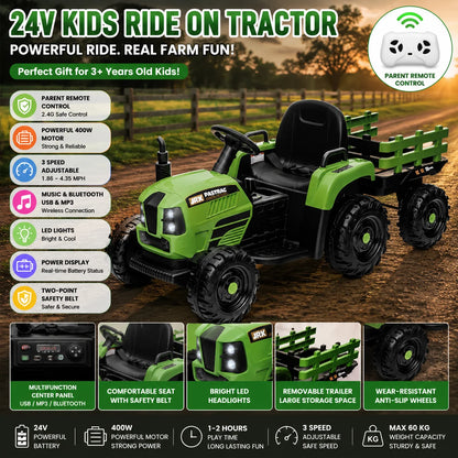Ride on Tractor with Trailer,24V 400W Powered Electric Tractor Toy W/Remote Control,Electric Car for Kids,Three Speed Adjustable,Power Display, USB,MP3 ,Bluetooth,Led Light,Two-Point Safety Belt.