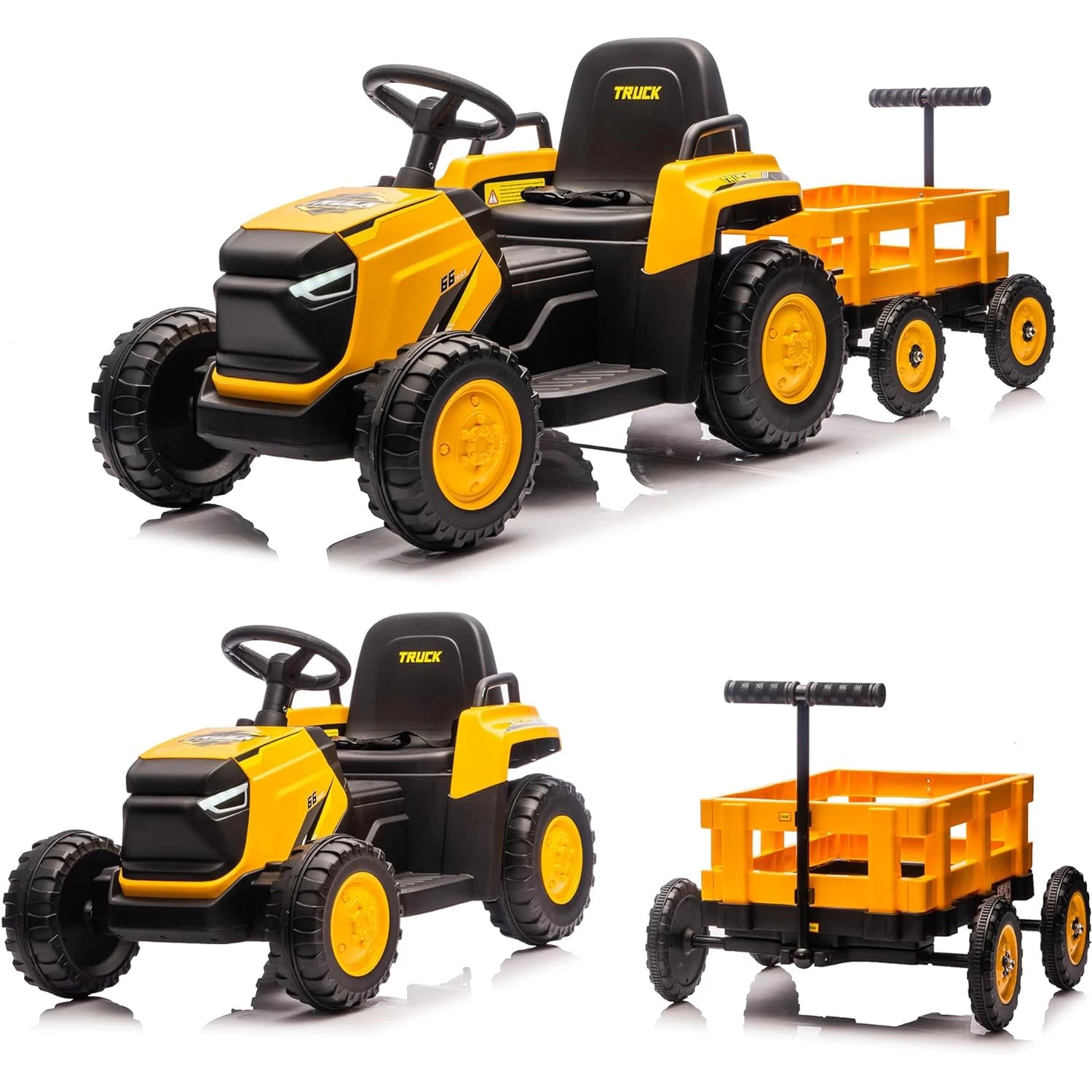 Children Ride on Tractor with Detachable Garden Cart 12V Electric Vehicle with Trailer Max Load 66 Lbs Battery-Powered 8-Wheel