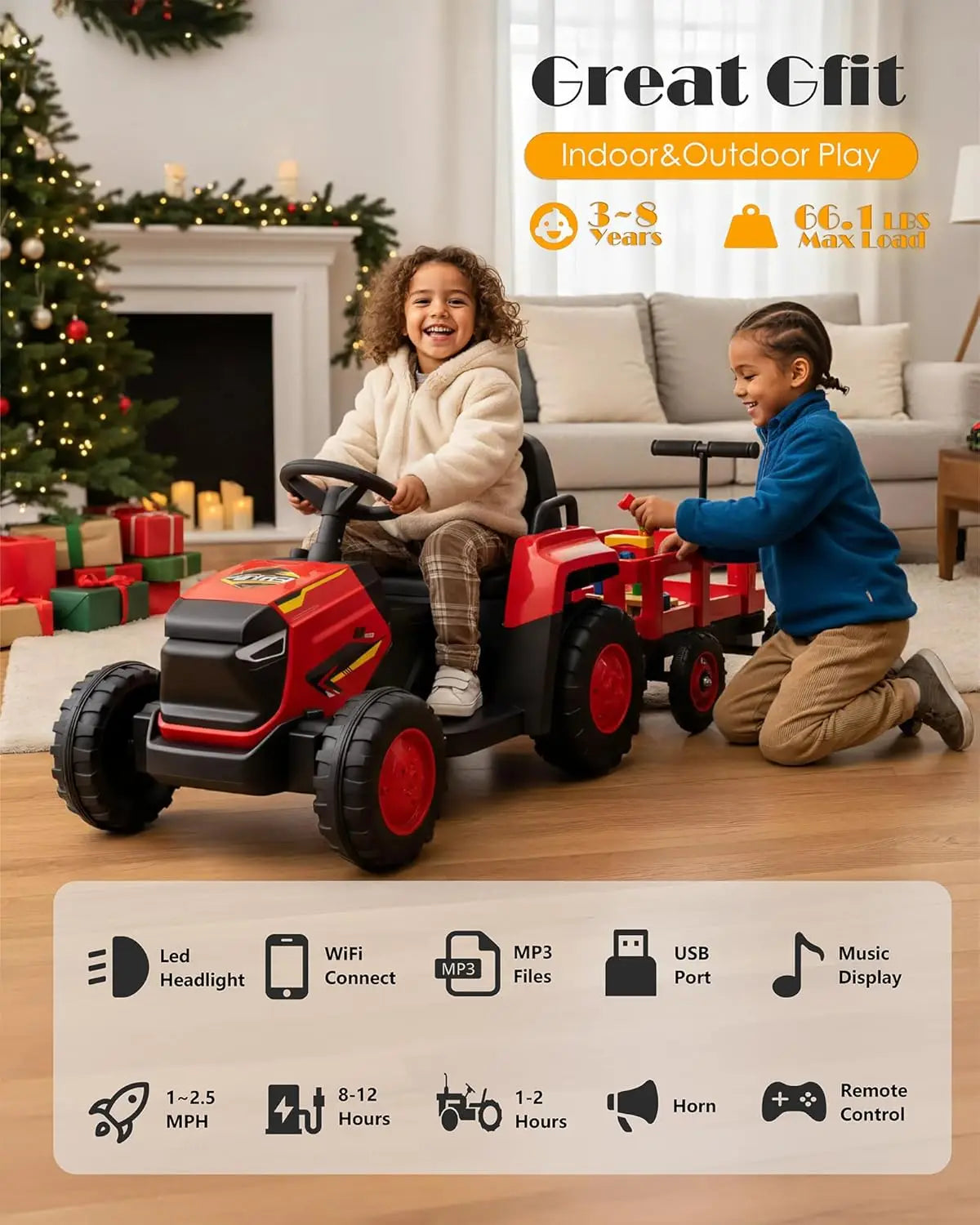 Children Ride on Tractor with Detachable Garden Cart 12V Electric Vehicle with Trailer Max Load 66 Lbs Battery-Powered 8-Wheel