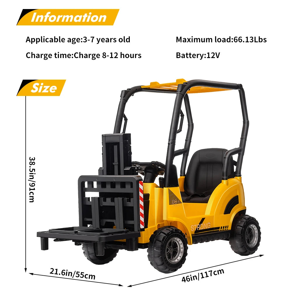 12V Kids Ride on Forklift Car with Tent, Electric Ride on Construction Car with Remote Control, Liftable Fork and Pallet, 2 Speeds, Music, USB, MP3 and Low-Power Alarm