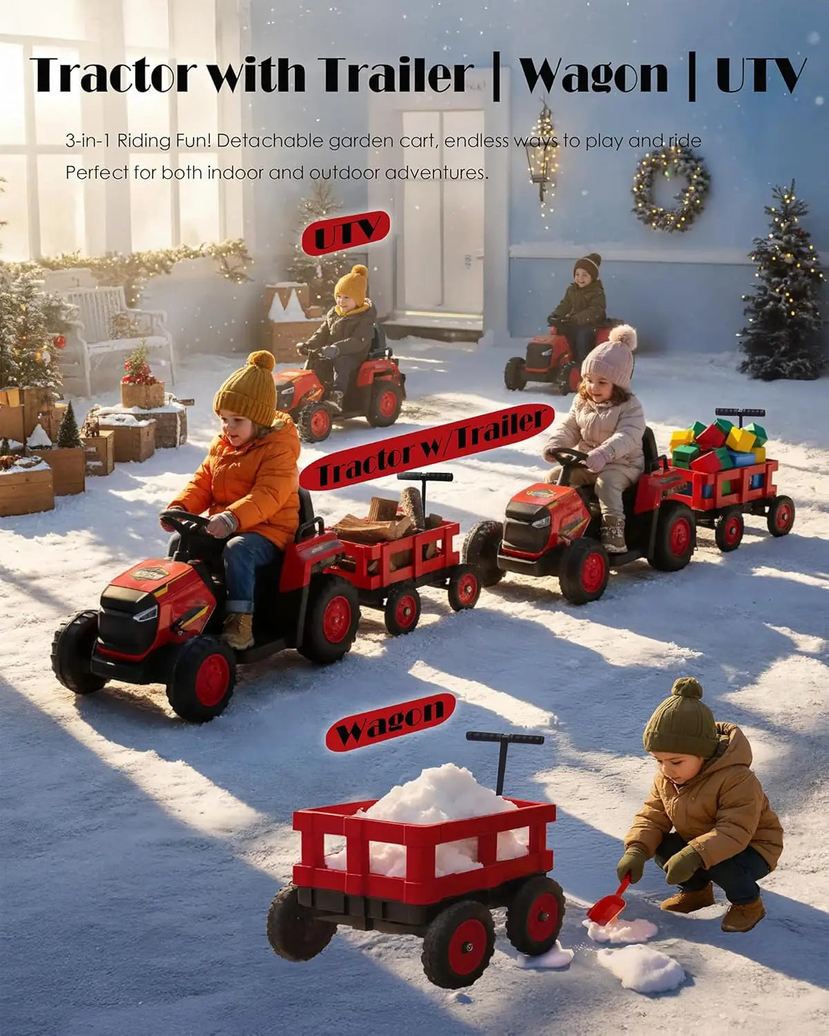 Children Ride on Tractor with Detachable Garden Cart 12V Electric Vehicle with Trailer Max Load 66 Lbs Battery-Powered 8-Wheel
