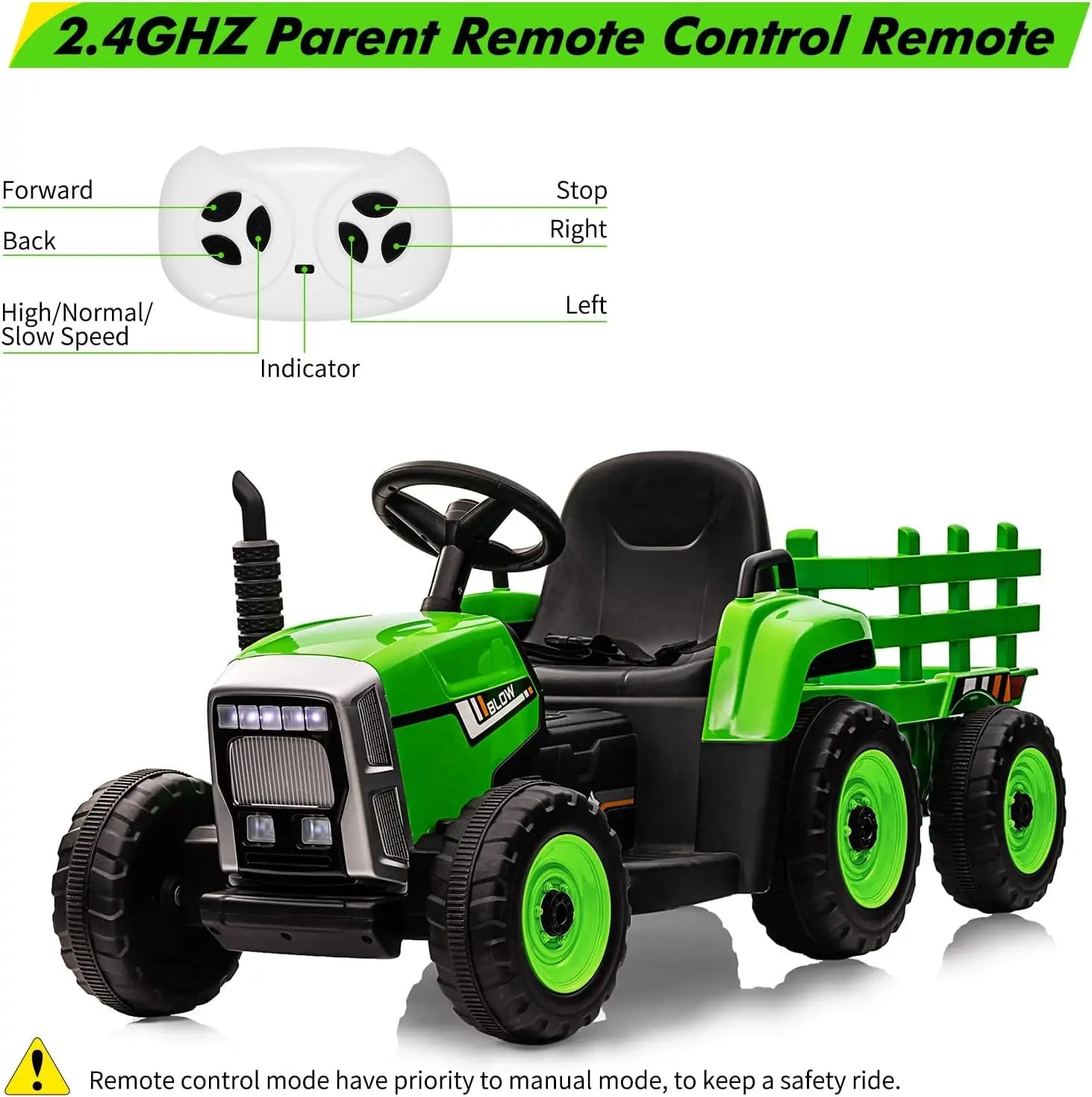 Kids Ride on Tractor,12V Kids Battery Powered Electric Tractor with R/C and Trailer,Toddler Kids Electric Vehicle with Headlight