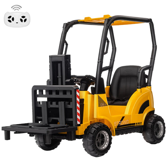 12V Kids Ride on Forklift Car with Tent, Electric Ride on Construction Car with Remote Control, Liftable Fork and Pallet, 2 Speeds, Music, USB, MP3 and Low-Power Alarm