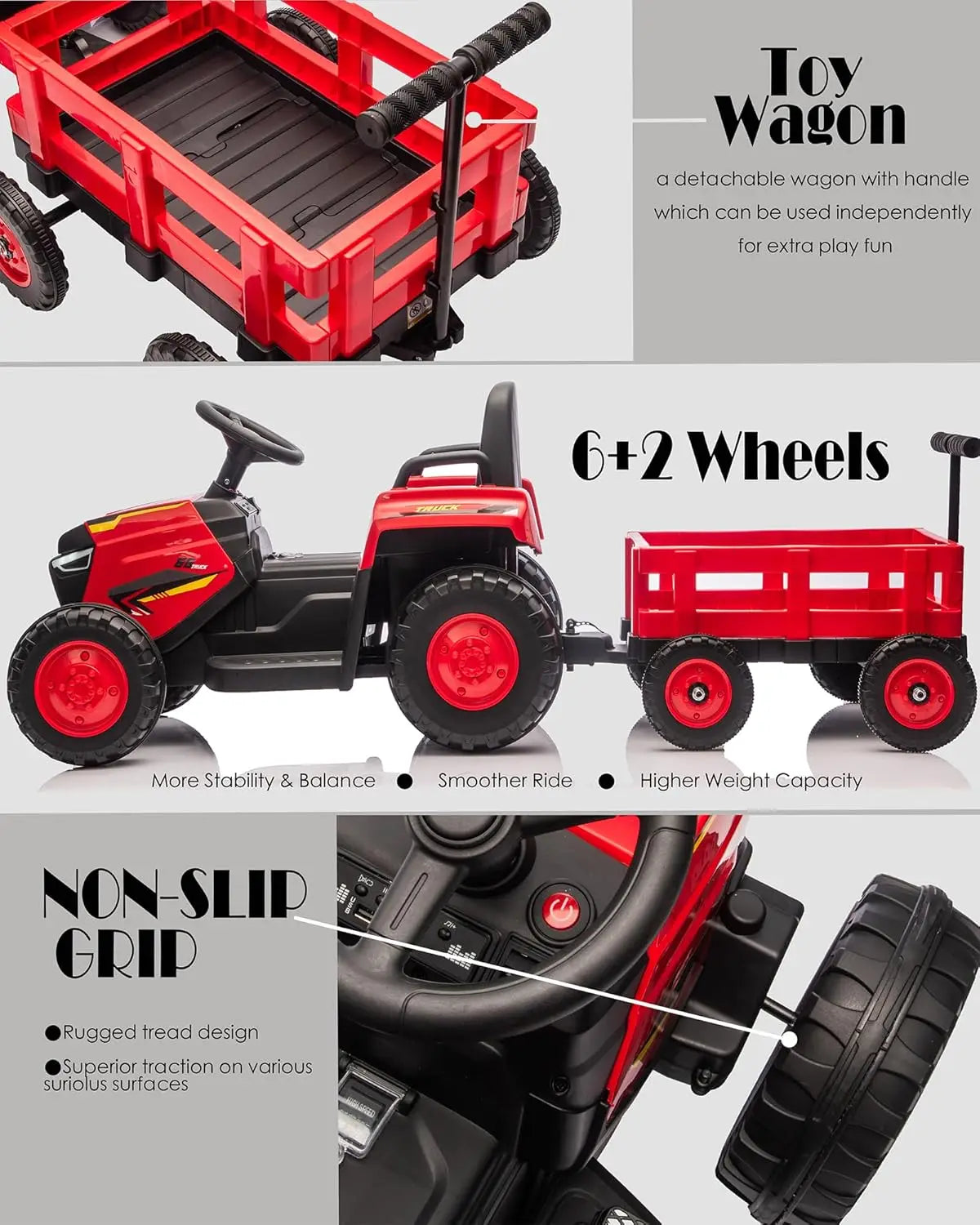 Children Ride on Tractor with Detachable Garden Cart 12V Electric Vehicle with Trailer Max Load 66 Lbs Battery-Powered 8-Wheel